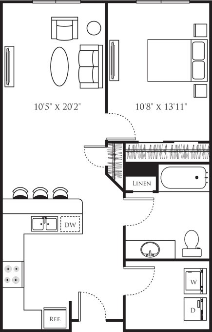 Floor plan for 1 bed, 1 bath, 756 sqft